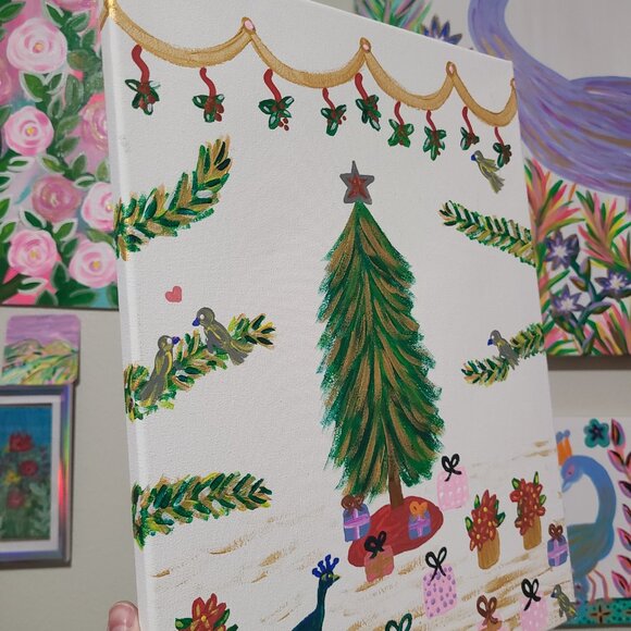 Christmas Peacock Original Painting Winter Artwork Christmas Wall Art - Picture 5 of 7